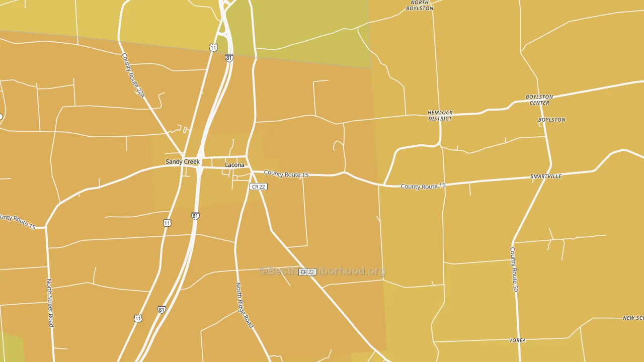 Map of the best neighborhoods in the Lacona area, with better matches in green and worse matches in red
