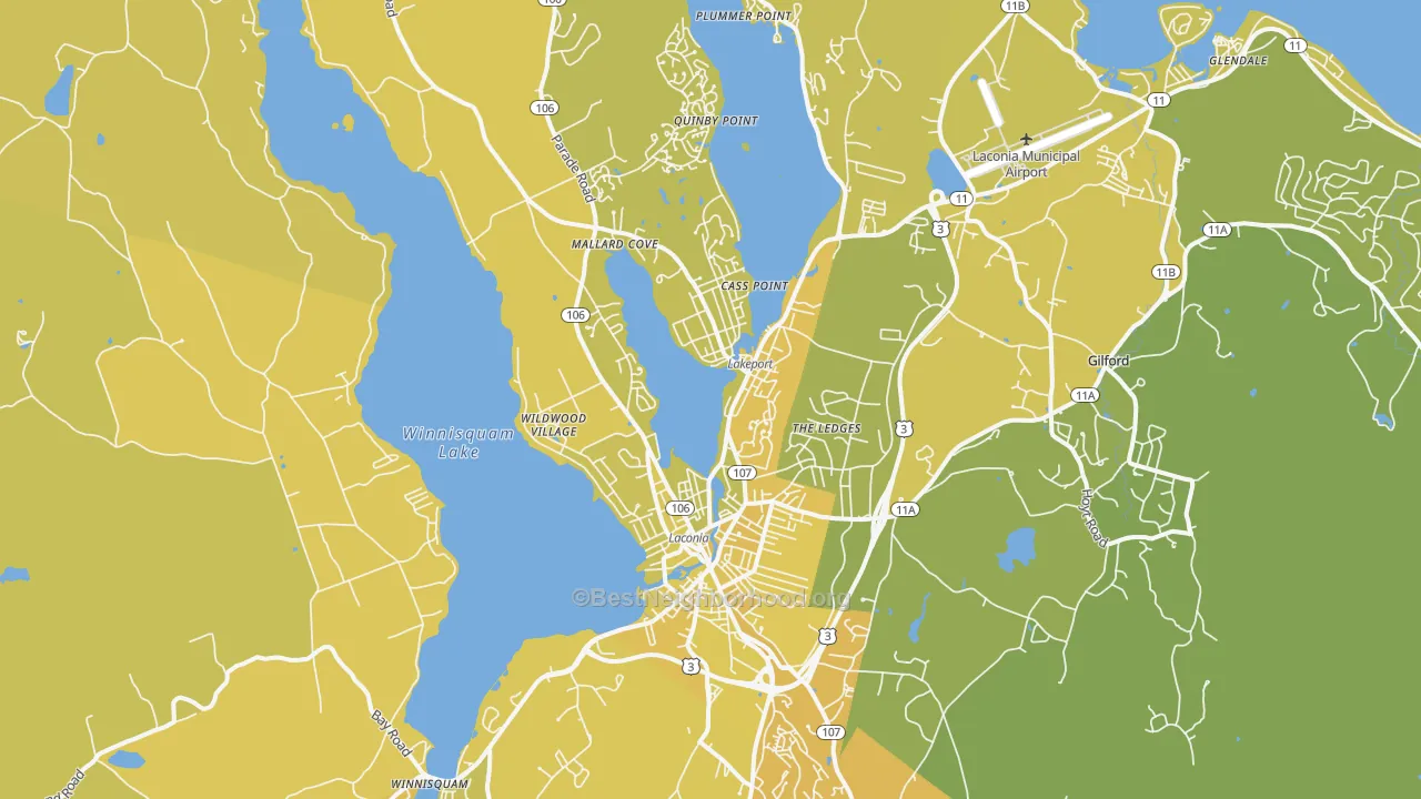 Map of the best neighborhoods in the Laconia area, with better matches in green and worse matches in red