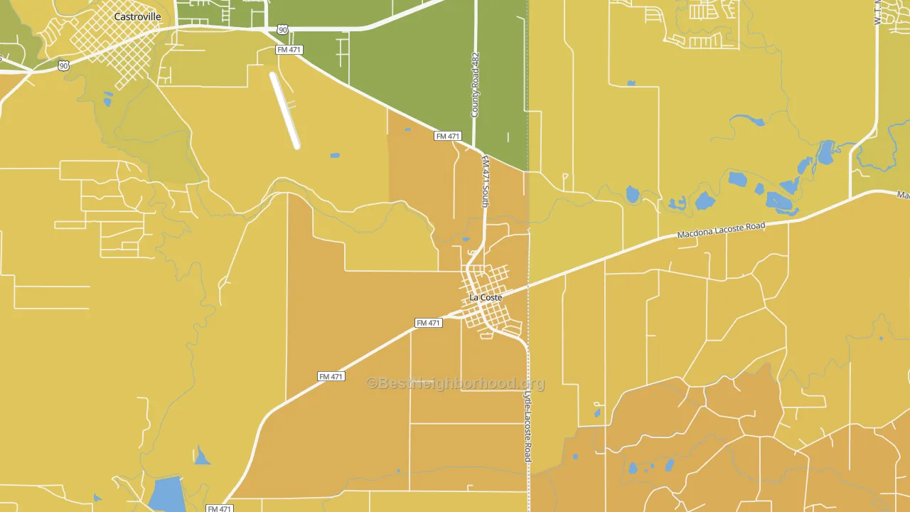 Map of the best neighborhoods in the Lacoste area, with better matches in green and worse matches in red