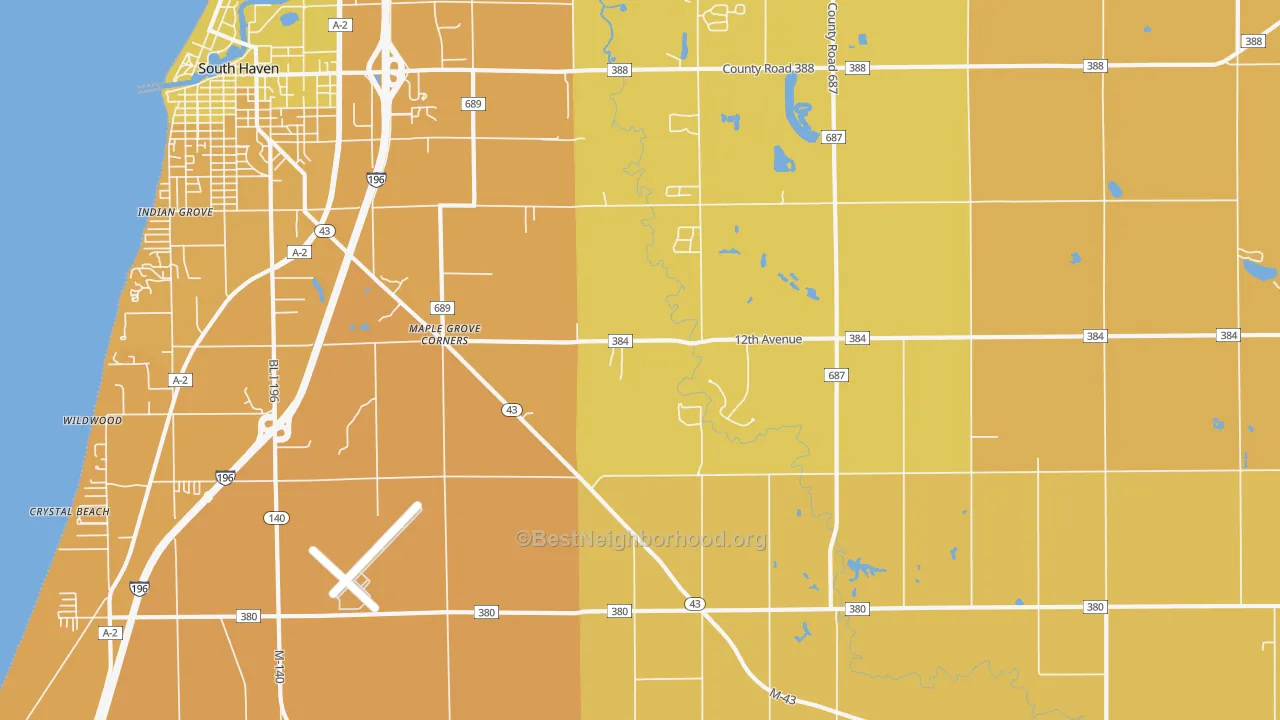 Map of the best neighborhoods in the Lacota area, with better matches in green and worse matches in red