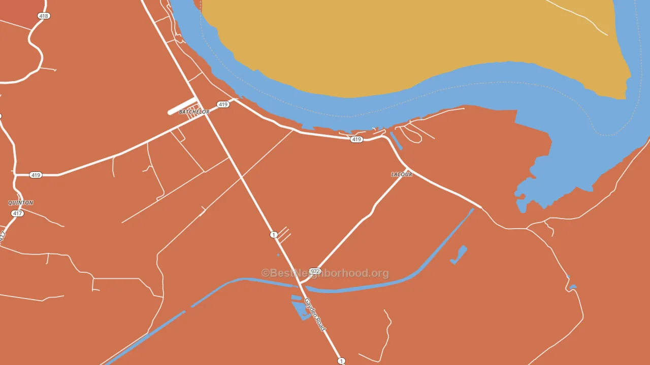 Map of the best neighborhoods in the Lacour area, with better matches in green and worse matches in red