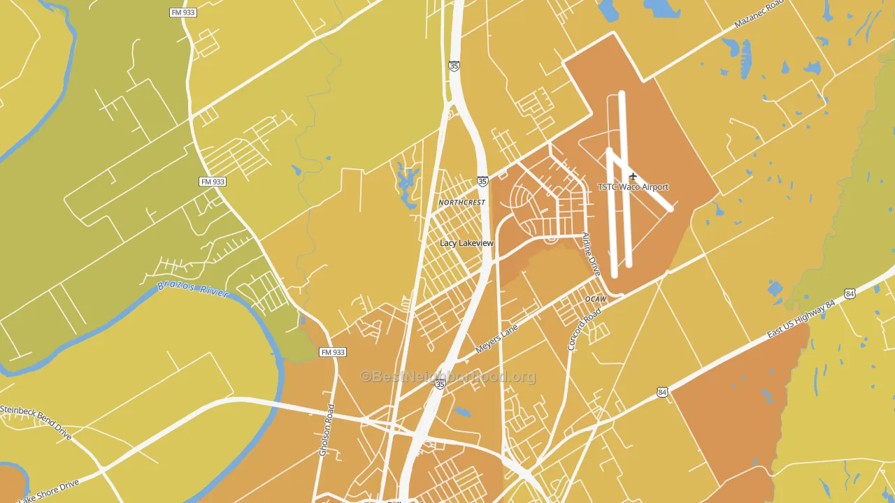 Map of the best neighborhoods in the Lacy-Lakeview area, with better matches in green and worse matches in red