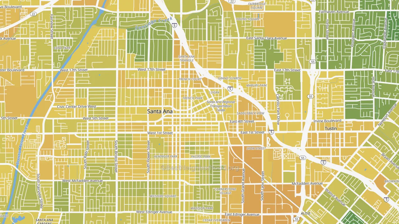 Map of the best neighborhoods in the Lacy, Santa Ana area, with better matches in green and worse matches in red