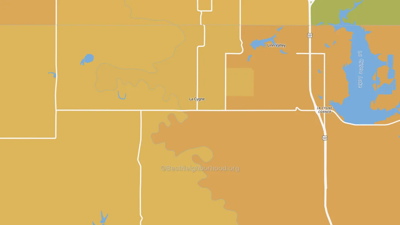 Map of the best neighborhoods in the Lacygne area, with better matches in green and worse matches in red