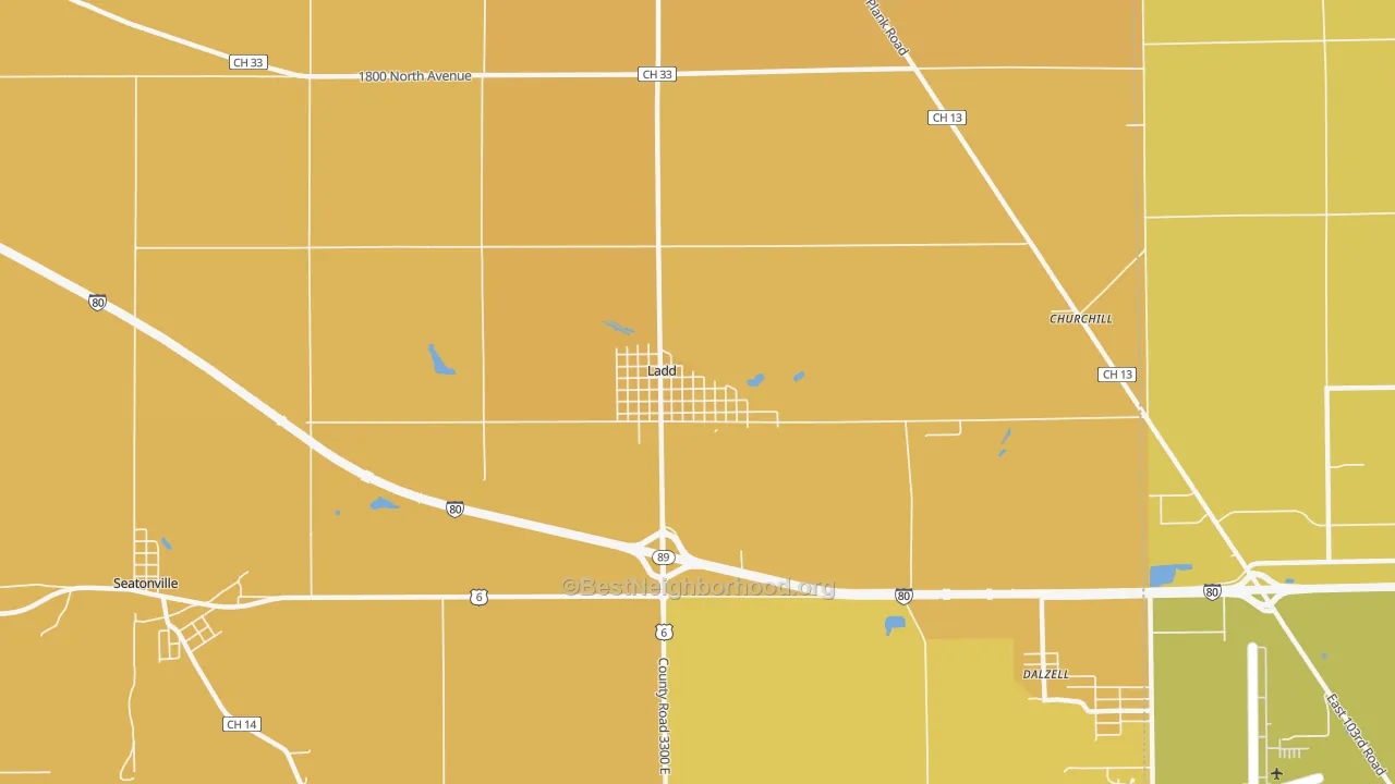 Map of the best neighborhoods in the Ladd area, with better matches in green and worse matches in red
