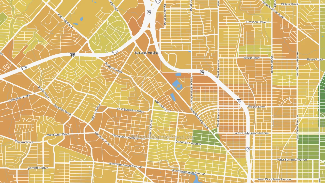 Map of the best neighborhoods in the Laddie Place and North Wilson, San Antonio area, with better matches in green and worse matches in red