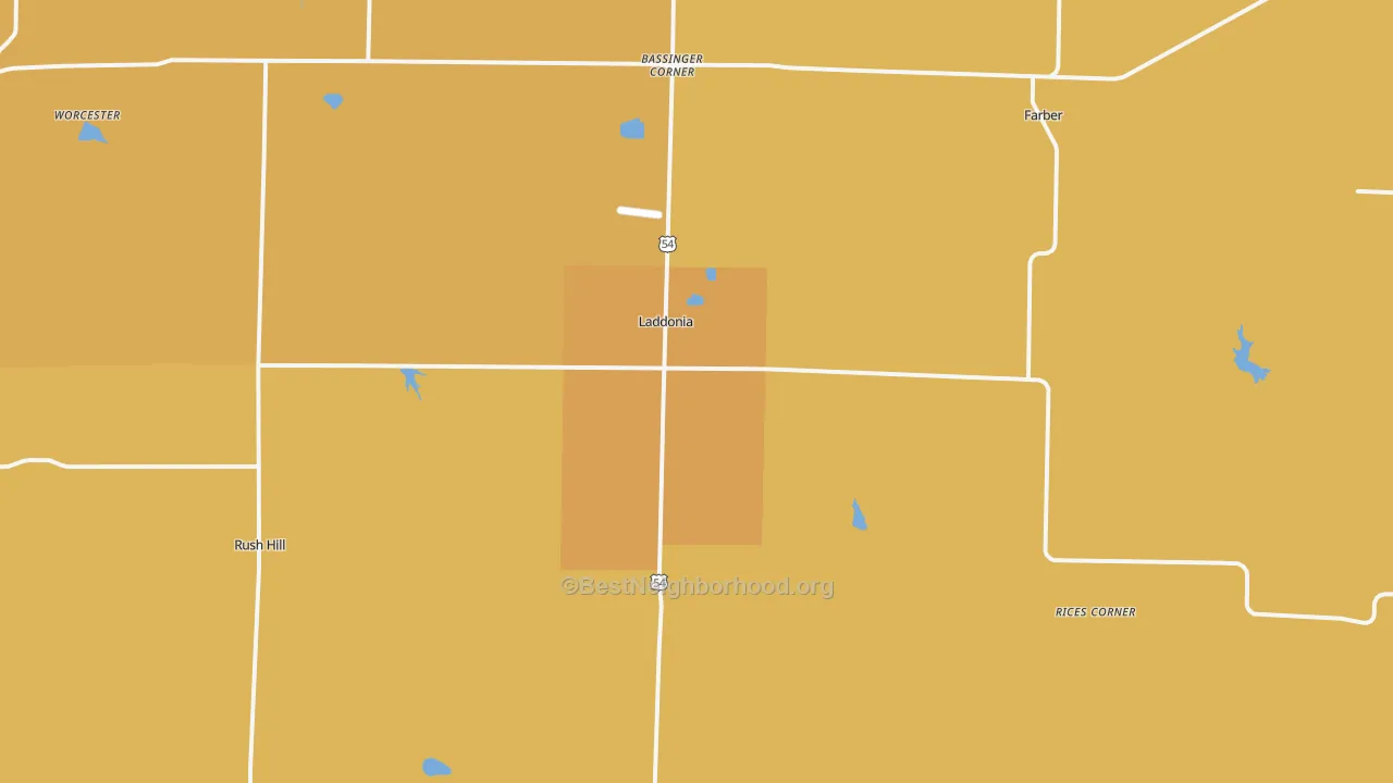 Map of the best neighborhoods in the Laddonia area, with better matches in green and worse matches in red