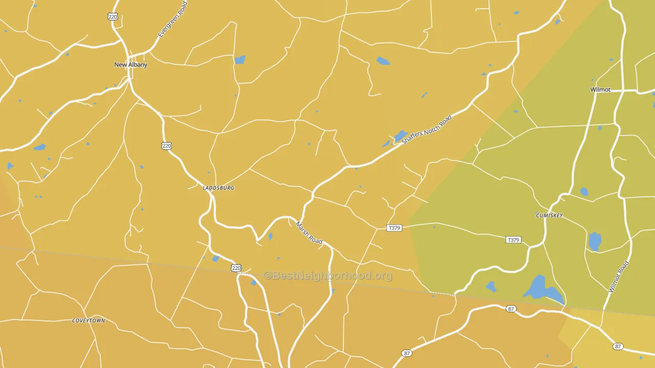 Map of the best neighborhoods in the Laddsburg area, with better matches in green and worse matches in red
