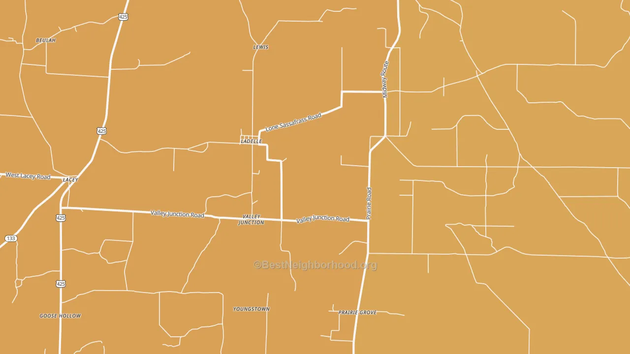 Map of the best neighborhoods in the Ladelle area, with better matches in green and worse matches in red