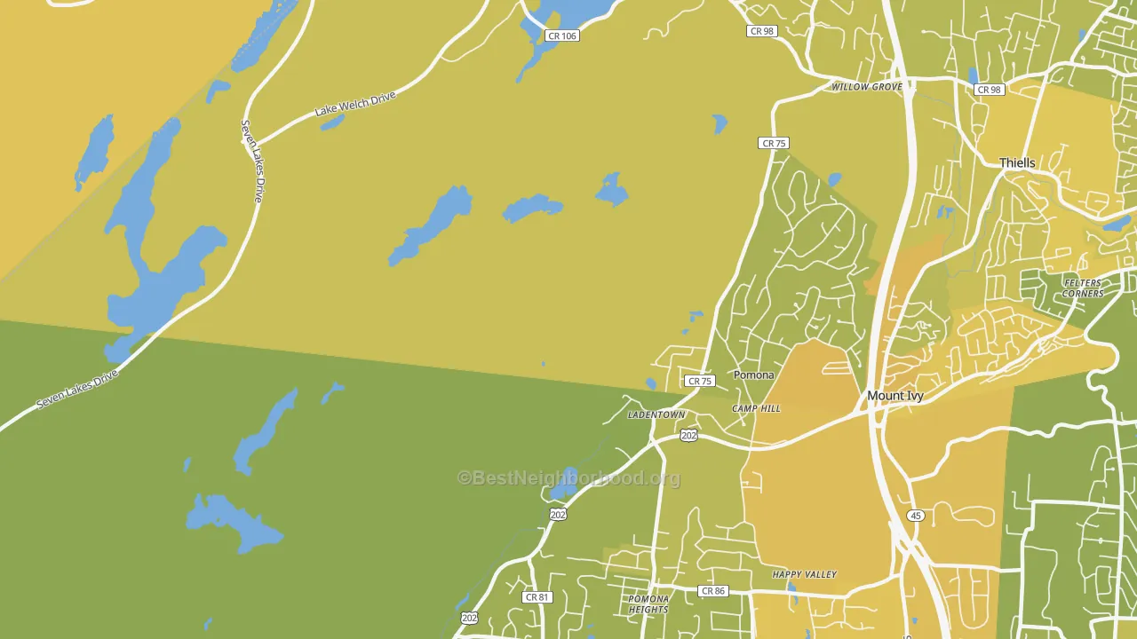 Map of the best neighborhoods in the Ladentown area, with better matches in green and worse matches in red