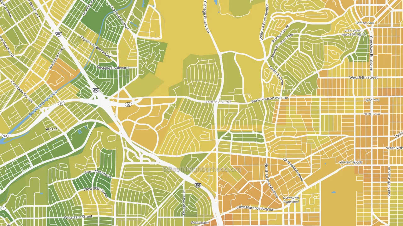 Map of the best neighborhoods in the Ladera Heights area, with better matches in green and worse matches in red