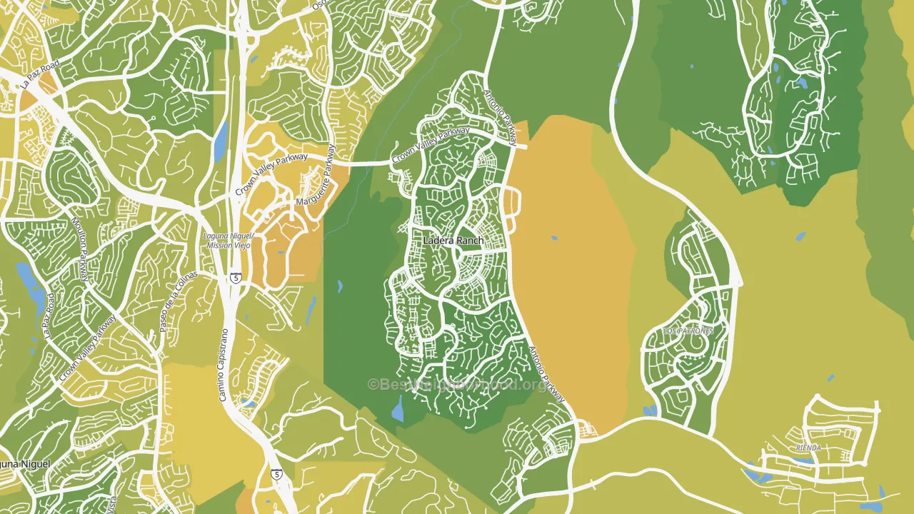 Map of the best neighborhoods in the Ladera Ranch area, with better matches in green and worse matches in red