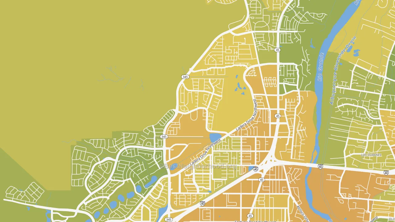 Map of the best neighborhoods in the Ladera West, Albuquerque area, with better matches in green and worse matches in red