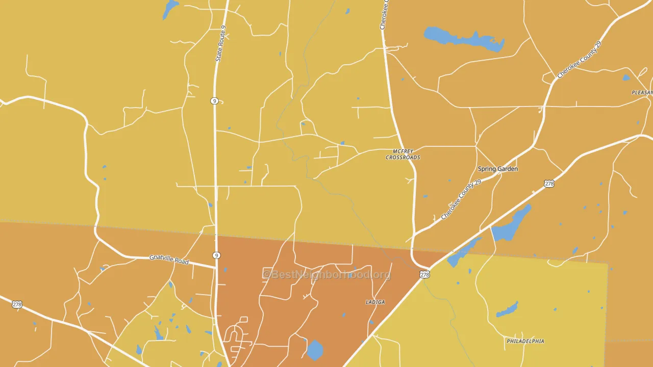 Map of the best neighborhoods in the Ladiga area, with better matches in green and worse matches in red