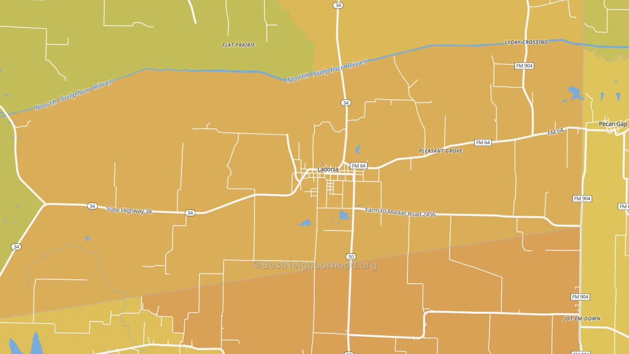 Map of the best neighborhoods in the Ladonia area, with better matches in green and worse matches in red