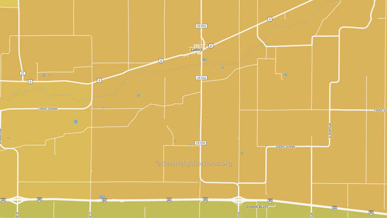Map of the best neighborhoods in the Ladora area, with better matches in green and worse matches in red