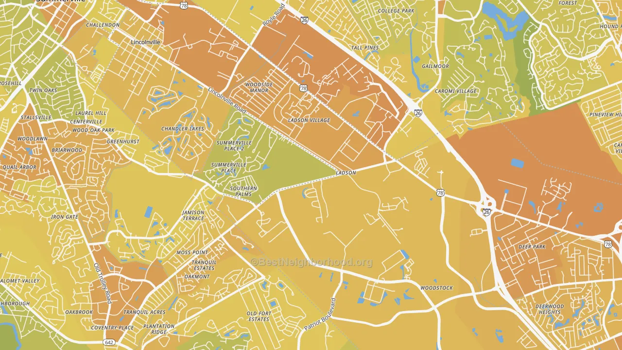 Map of the best neighborhoods in the Ladson area, with better matches in green and worse matches in red