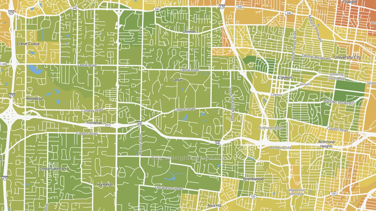 Map of the best neighborhoods in the Ladue area, with better matches in green and worse matches in red