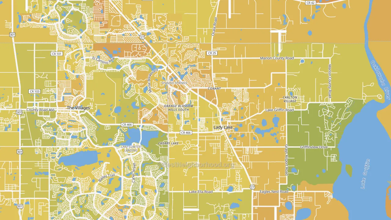 Map of the best neighborhoods in the Lady Lake area, with better matches in green and worse matches in red