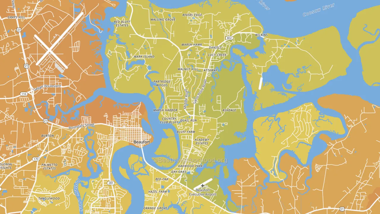 Map of the best neighborhoods in the Ladys Island area, with better matches in green and worse matches in red