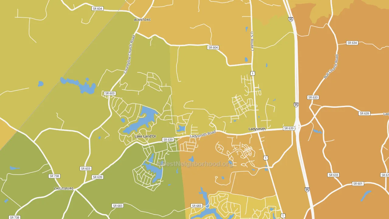 Map of the best neighborhoods in the Ladysmith area, with better matches in green and worse matches in red