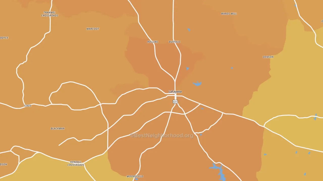 Map of the best neighborhoods in the Lafayette area, with better matches in green and worse matches in red
