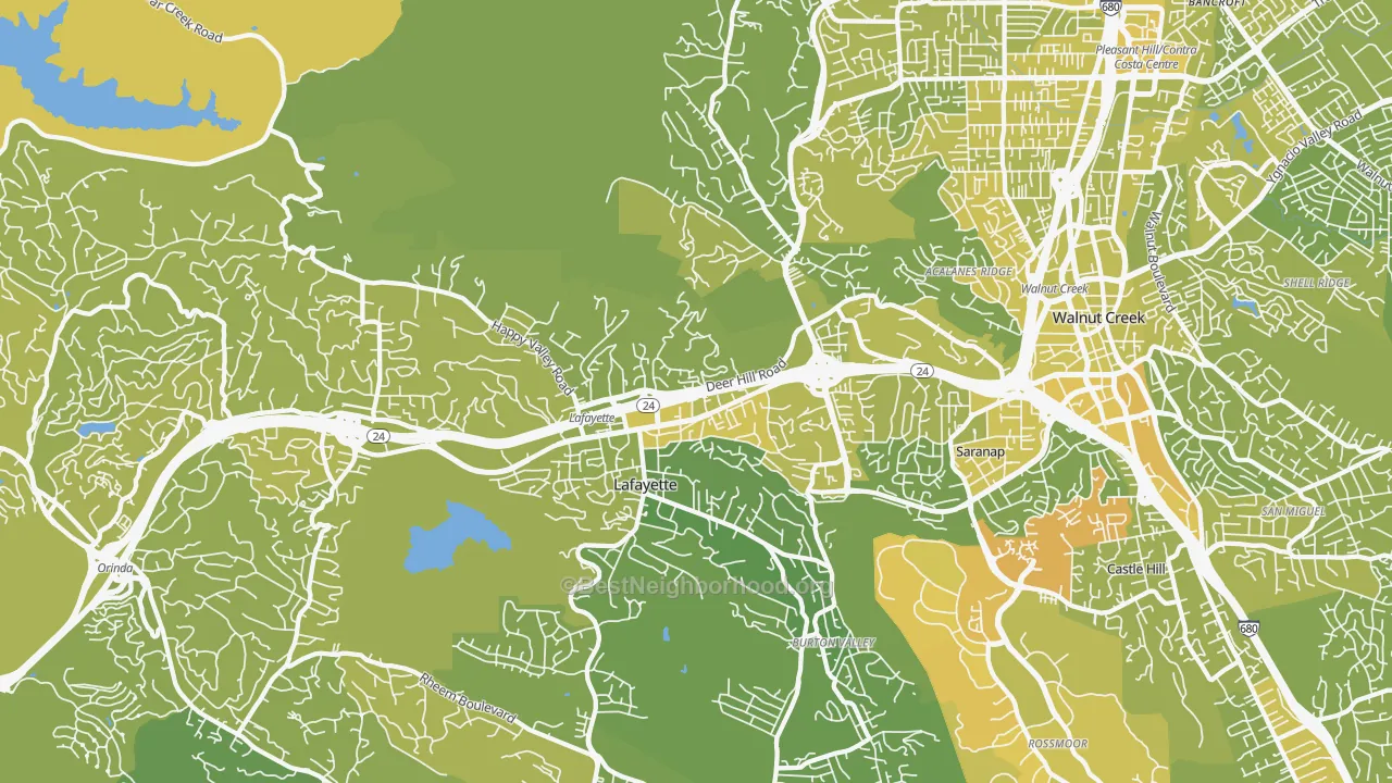 Map of the best neighborhoods in the Lafayette area, with better matches in green and worse matches in red