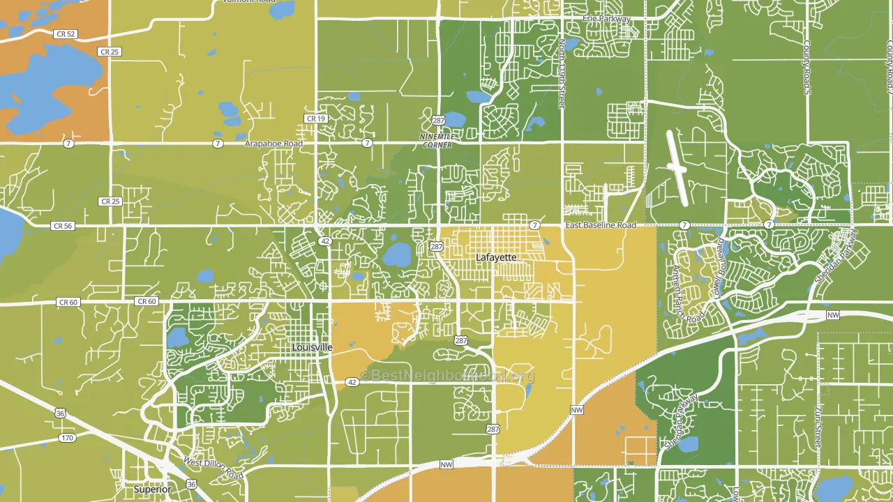 Map of the best neighborhoods in the Lafayette area, with better matches in green and worse matches in red