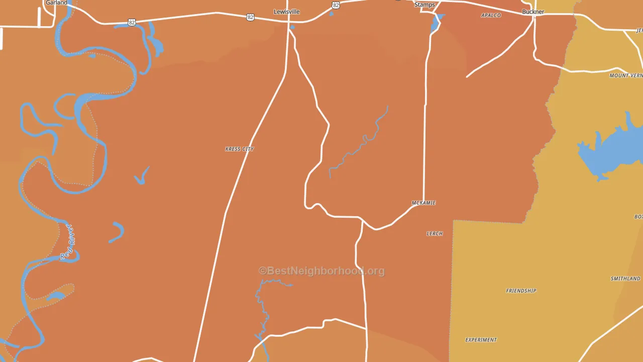 Map of the best neighborhoods in the Lafayette County area, with better matches in green and worse matches in red
