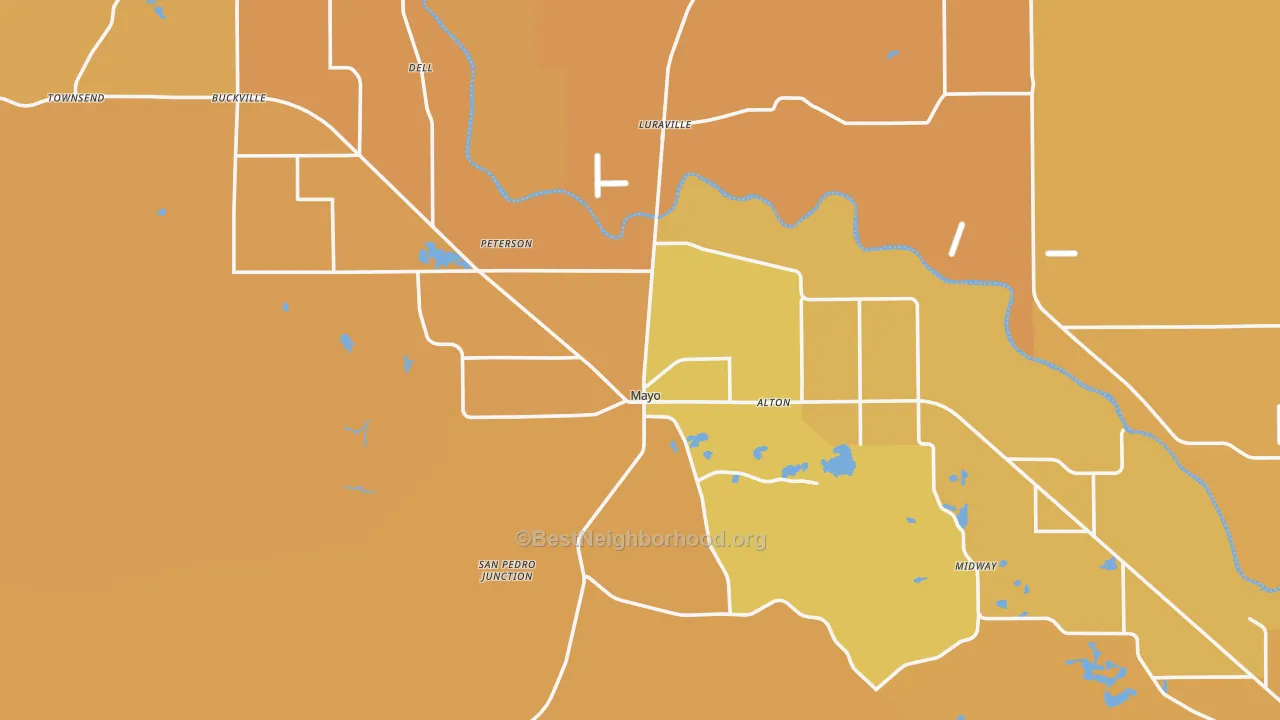 Map of the best neighborhoods in the Lafayette County area, with better matches in green and worse matches in red