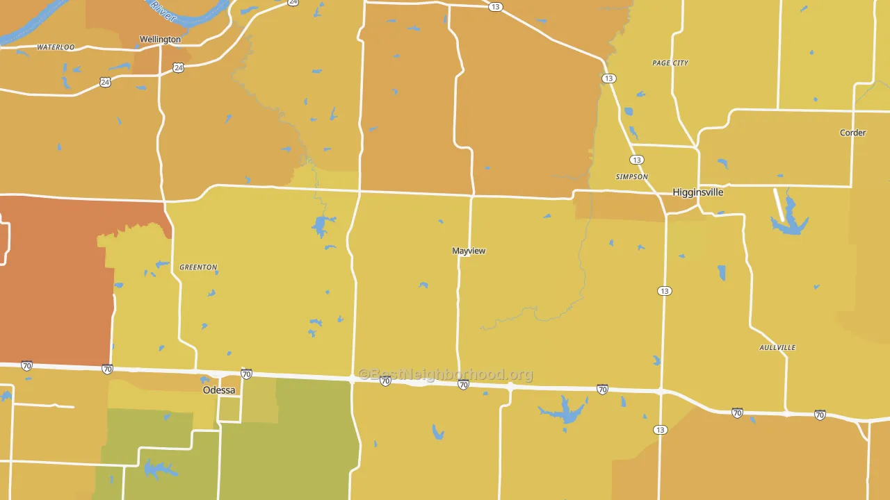Map of the best neighborhoods in the Lafayette County area, with better matches in green and worse matches in red