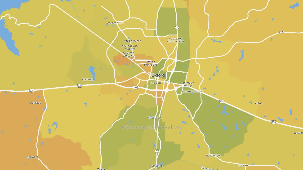 Map of the best neighborhoods in the Lafayette County area, with better matches in green and worse matches in red