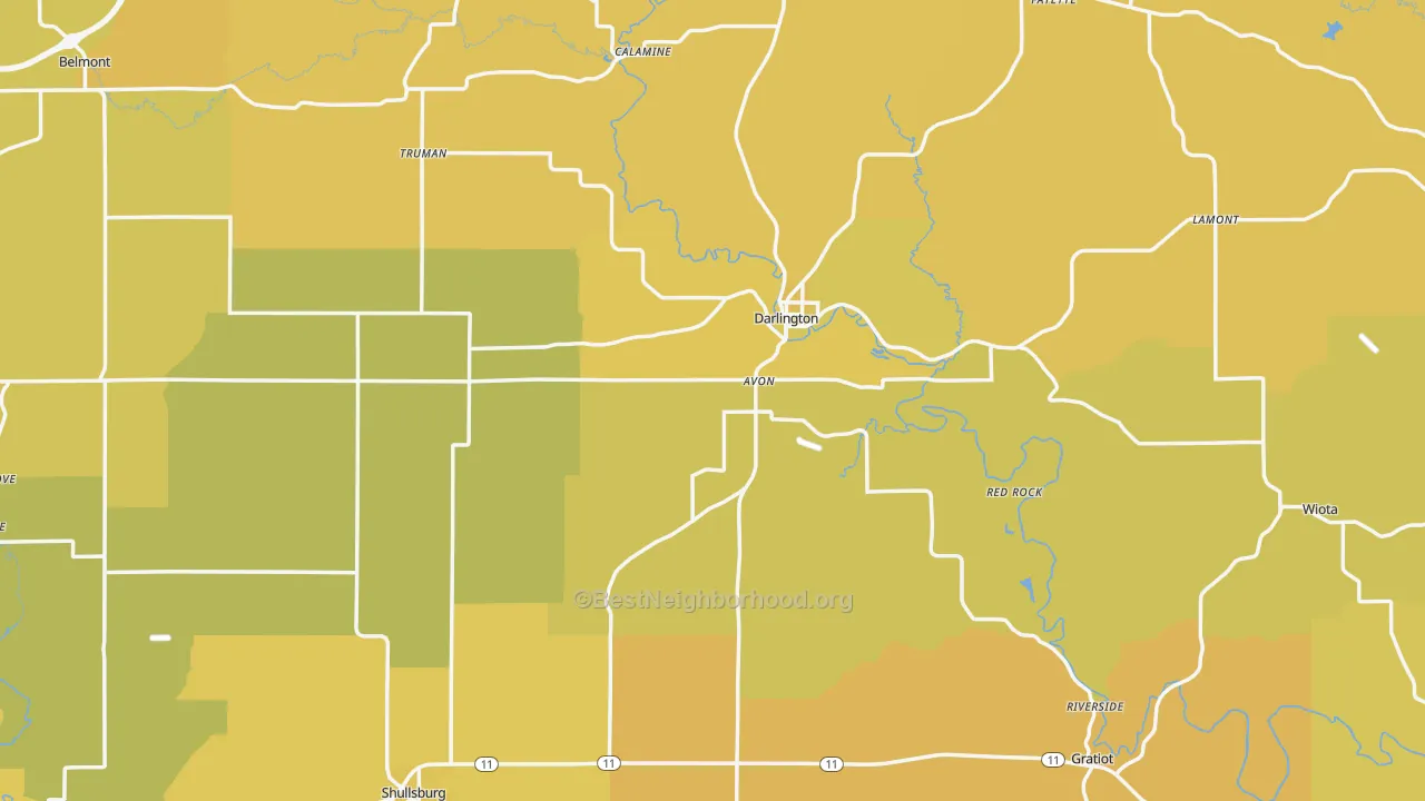 Map of the best neighborhoods in the Lafayette County area, with better matches in green and worse matches in red