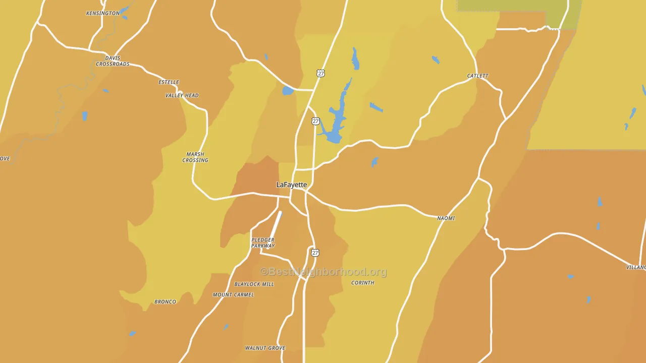 Map of the best neighborhoods in the Lafayette area, with better matches in green and worse matches in red