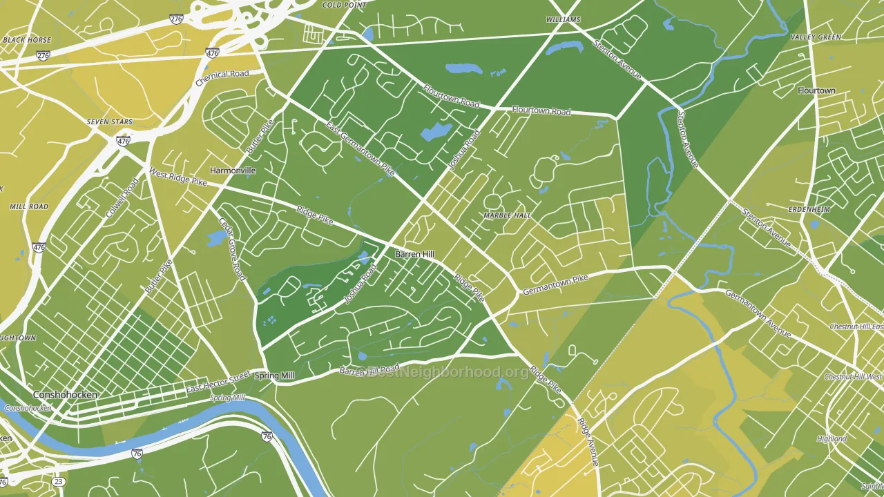 Map of the best neighborhoods in the Lafayette Hill area, with better matches in green and worse matches in red