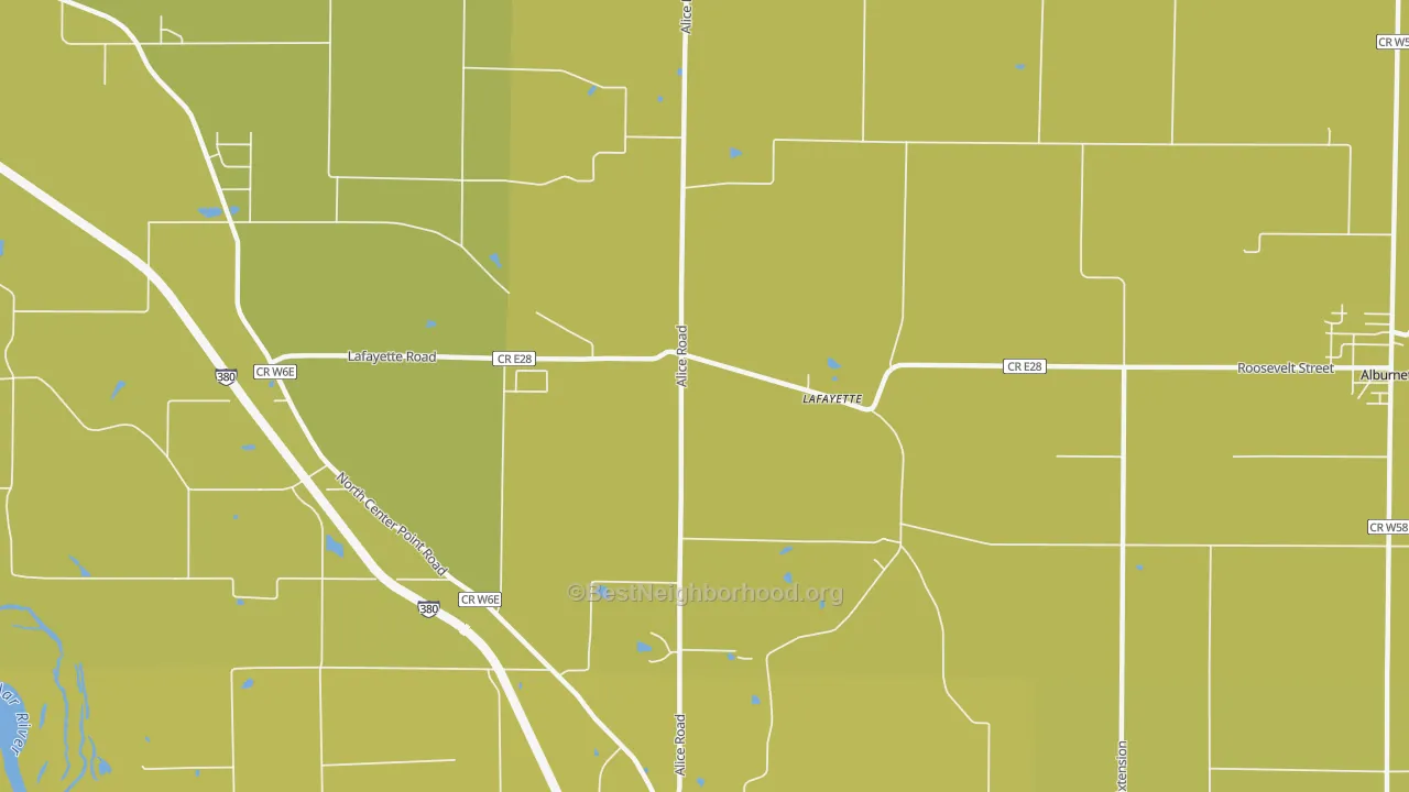 Map of the best neighborhoods in the Lafayette area, with better matches in green and worse matches in red
