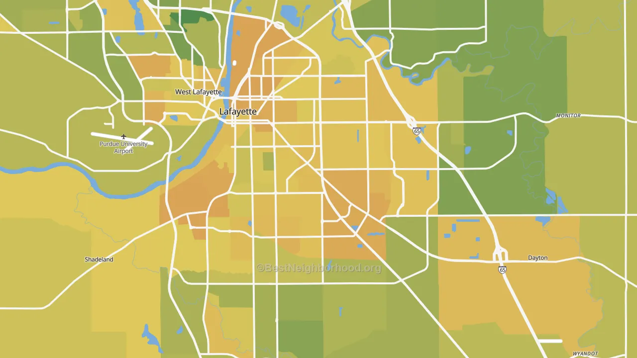 Map of the best neighborhoods in the Lafayette Metro area, with better matches in green and worse matches in red