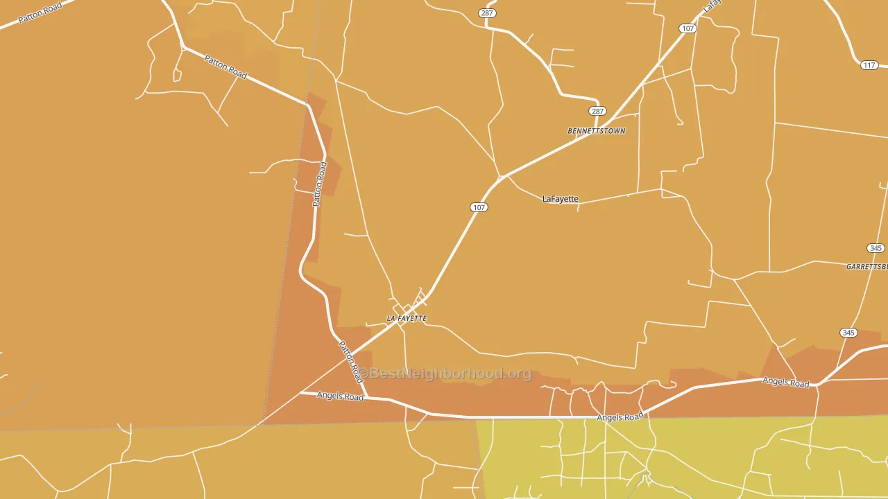 Map of the best neighborhoods in the Lafayette area, with better matches in green and worse matches in red