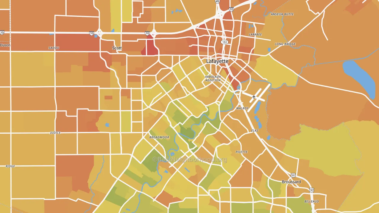 Map of the best neighborhoods in the Lafayette Metro area, with better matches in green and worse matches in red