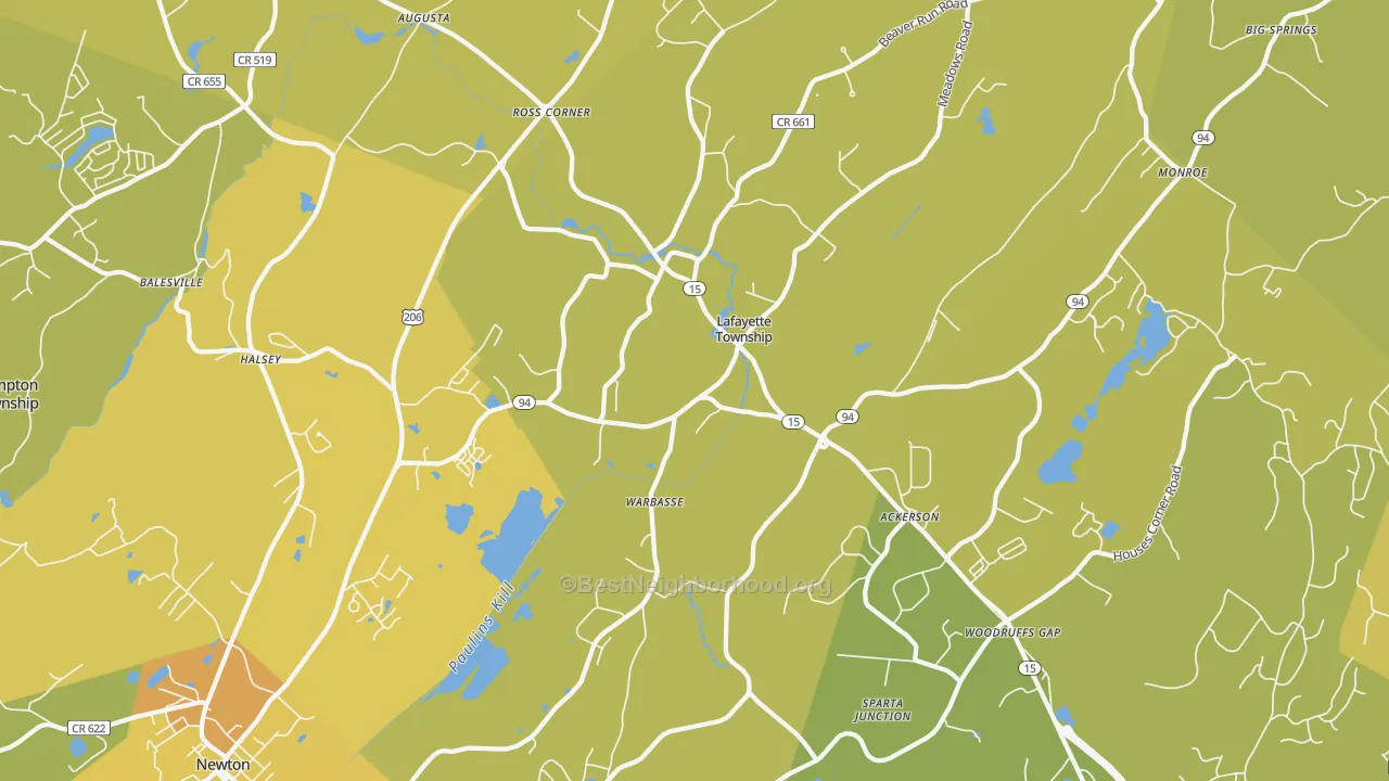 Map of the best neighborhoods in the Lafayette area, with better matches in green and worse matches in red