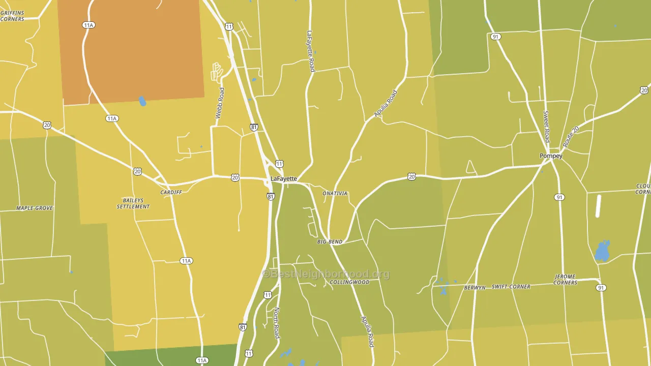 Map of the best neighborhoods in the Lafayette area, with better matches in green and worse matches in red