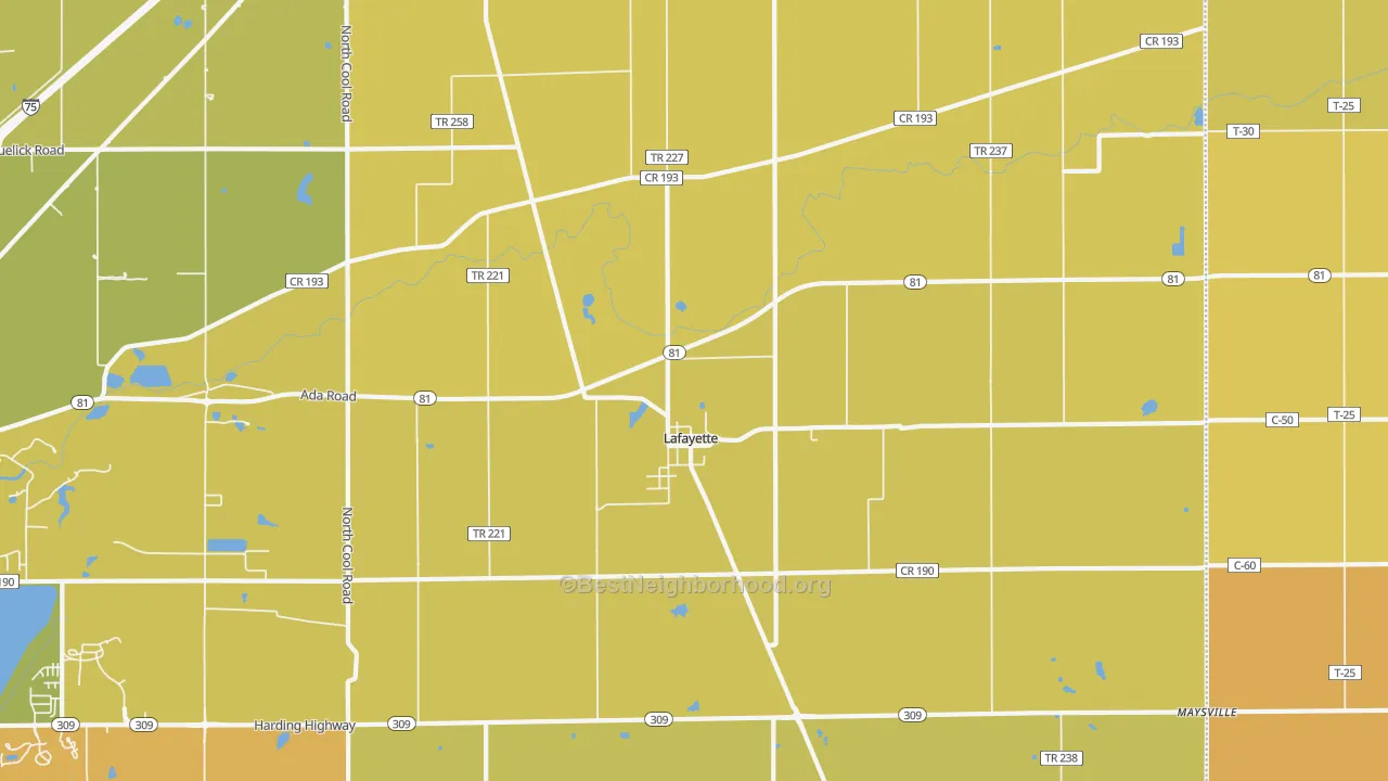 Map of the best neighborhoods in the Lafayette area, with better matches in green and worse matches in red