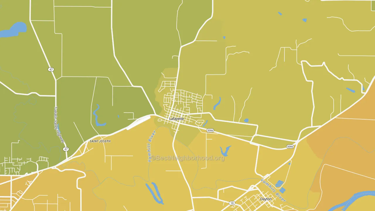 Map of the best neighborhoods in the Lafayette area, with better matches in green and worse matches in red