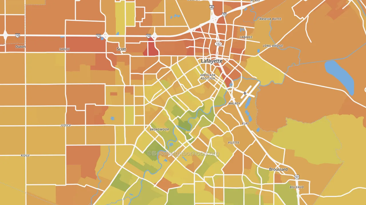 Map of the best neighborhoods in the Lafayette Parish area, with better matches in green and worse matches in red