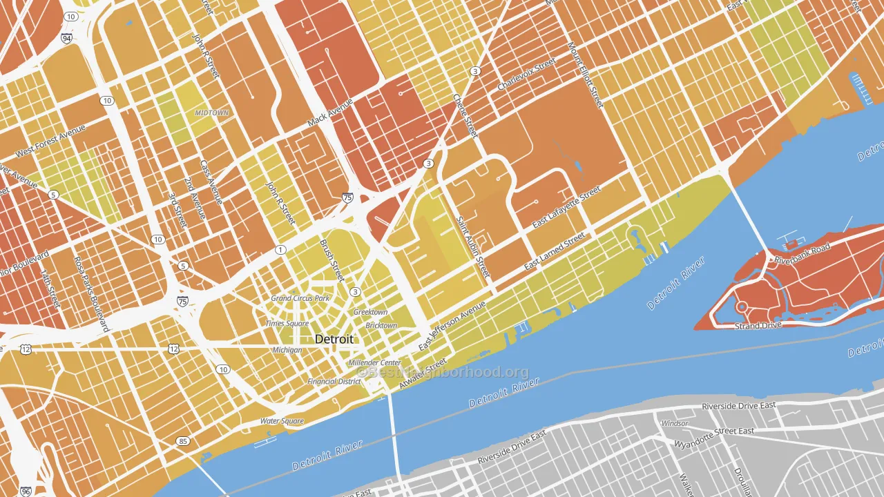 Map of the best neighborhoods in the Lafayette Park, Detroit area, with better matches in green and worse matches in red