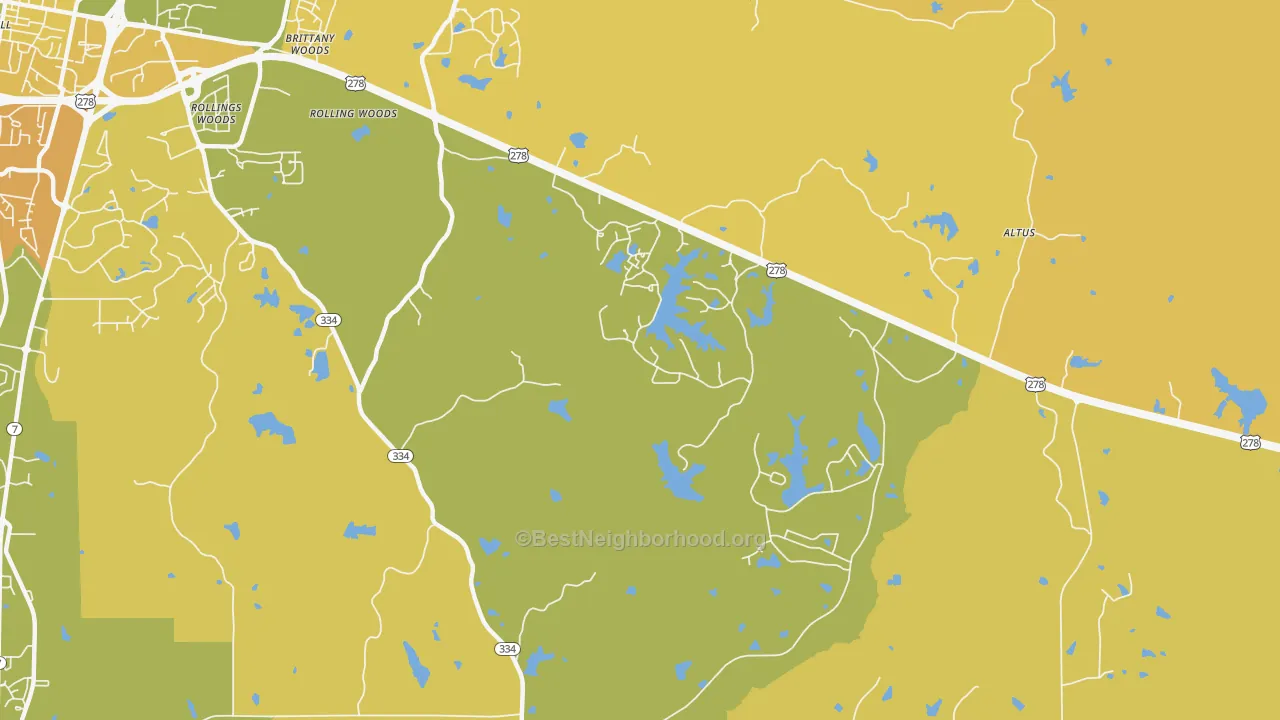 Map of the best neighborhoods in the Lafayette Springs area, with better matches in green and worse matches in red