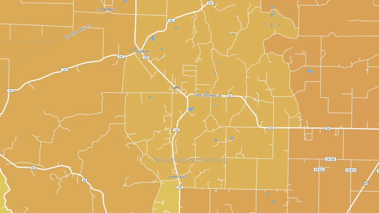 Map of the best neighborhoods in the Lafe area, with better matches in green and worse matches in red