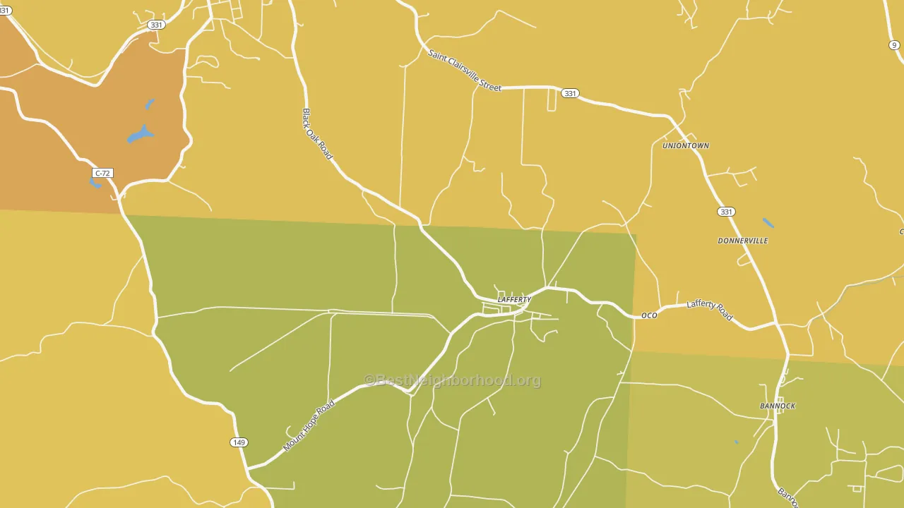 Map of the best neighborhoods in the Lafferty area, with better matches in green and worse matches in red