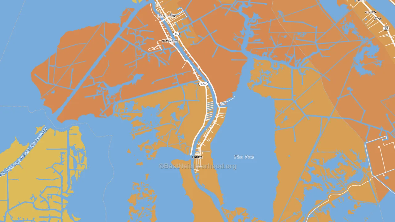 Map of the best neighborhoods in the Lafitte area, with better matches in green and worse matches in red