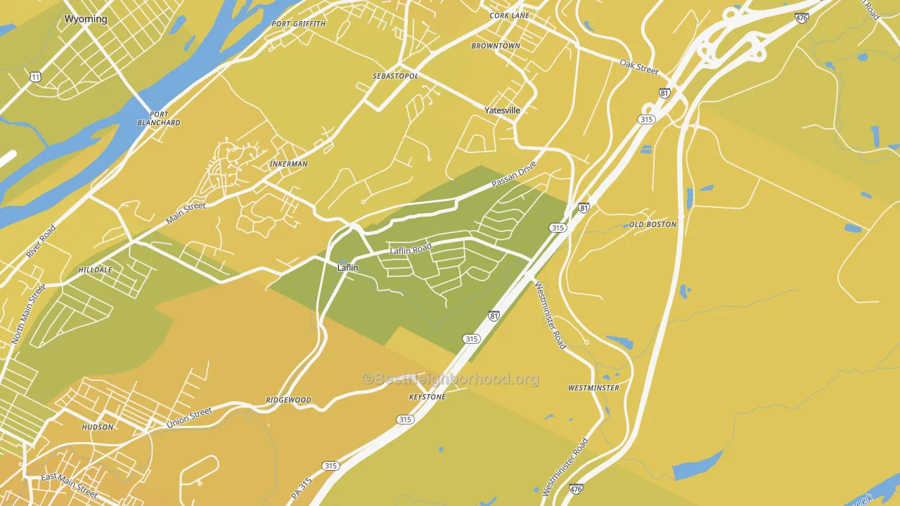 Map of the best neighborhoods in the Laflin area, with better matches in green and worse matches in red
